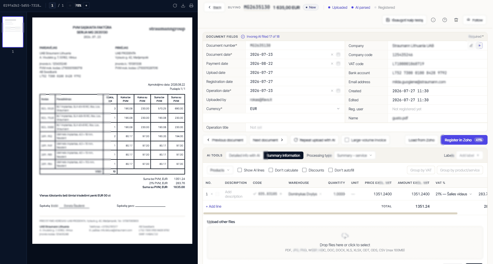 Invoreg invoice review: source PDF beside AI-extracted fields