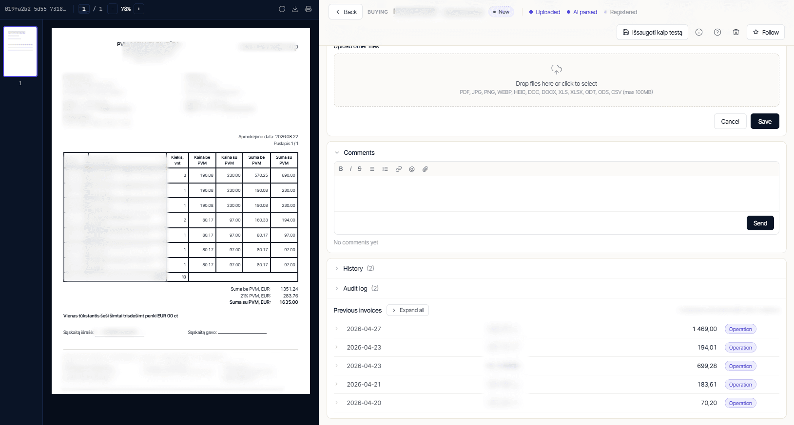 Invoice detail with comments, history and audit log